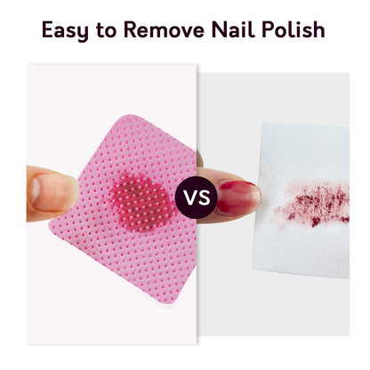 Comparison demonstration showing standard cotton ball leaving fuzz versus lint free wipe leaving a clean nail bed.