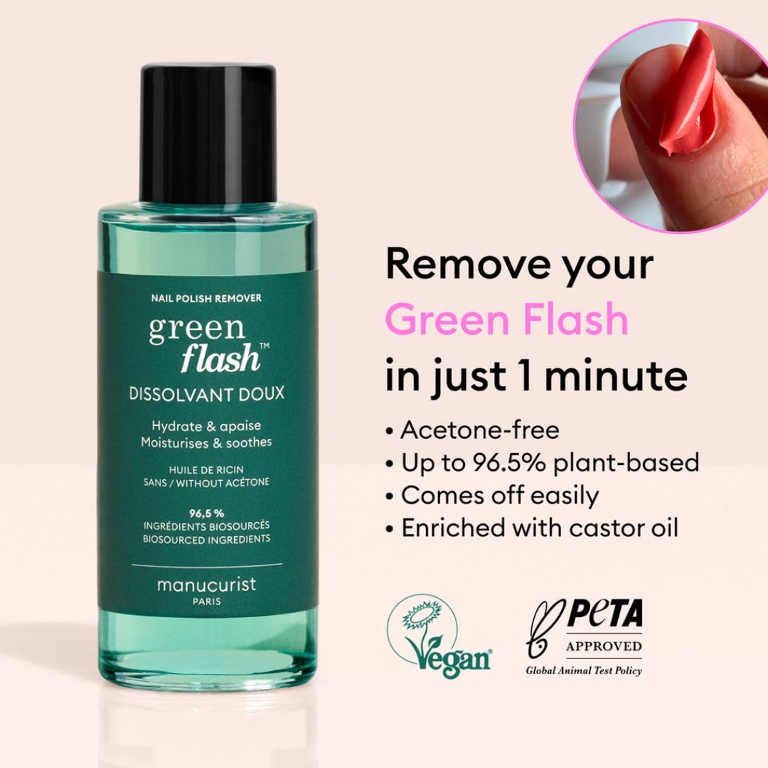 Manucurist acetone free plant based gel polish remover bottle showing the biological ingredients label