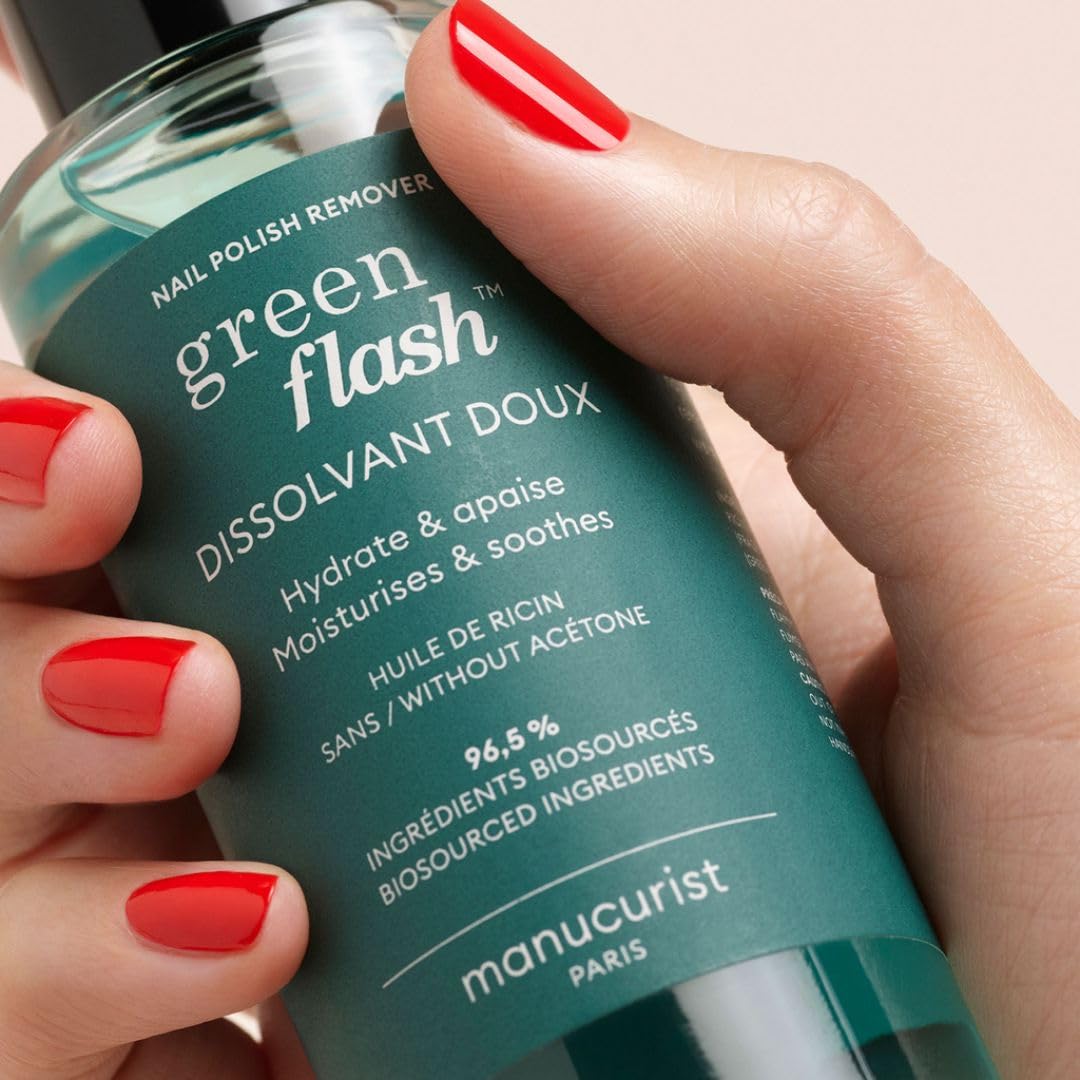 Manucurist floral scent non drying nail solvent bottle displaying the castor oil infusion details