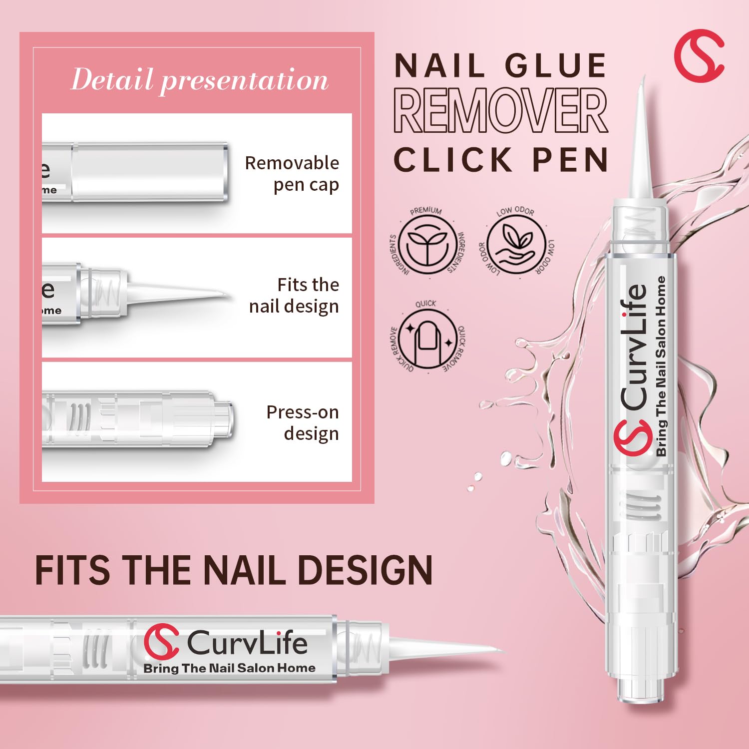 Acetone free fake nail adhesive debonder pen package containing two pieces of five milliliters fluid.
