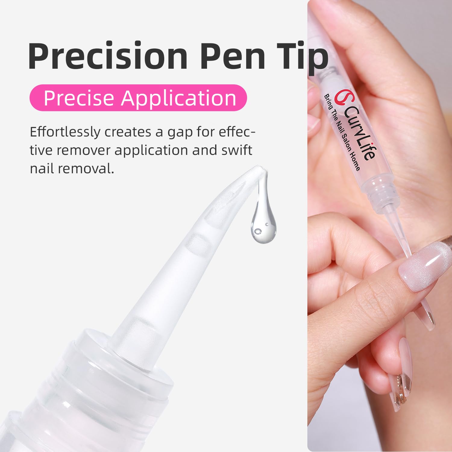Precision applicator tip of the CurvLife nail glue remover pen lifting a gap on a press on manicure.