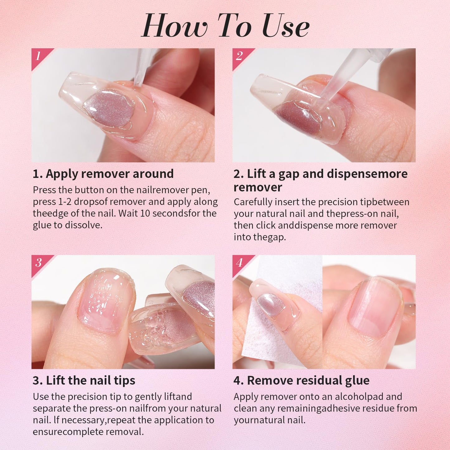 Non toxic non drying liquid nail glue remover formula being applied to salon style fake nails.