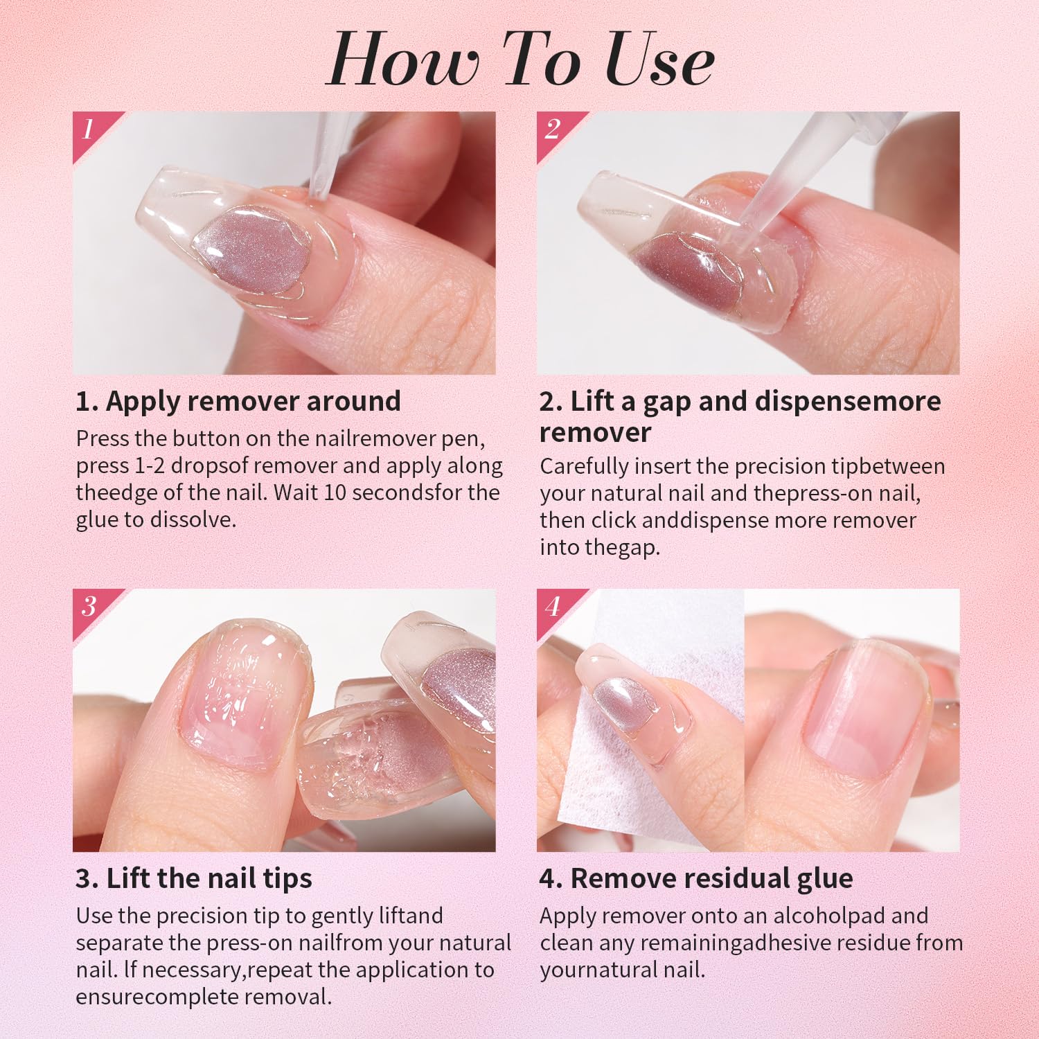 Non toxic non drying liquid nail glue remover formula being applied to salon style fake nails.