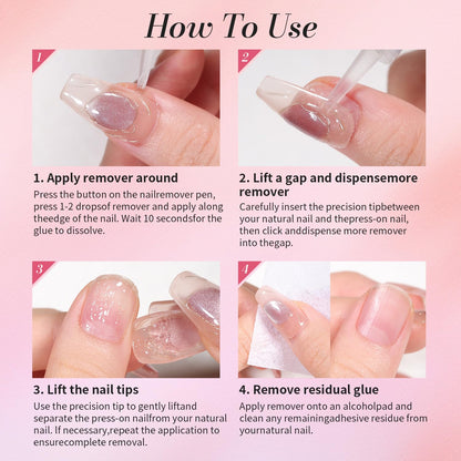 Non toxic non drying liquid nail glue remover formula being applied to salon style fake nails.