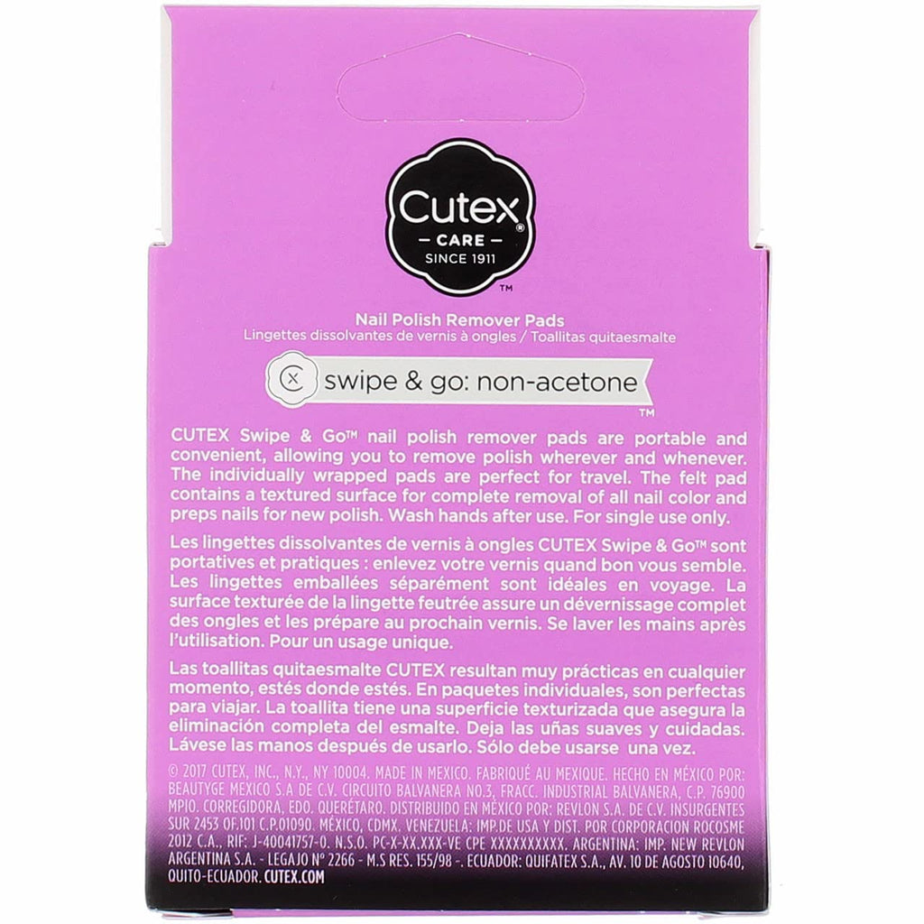 Cutex nail polish remover pads travel pack box showing coconut oil feature