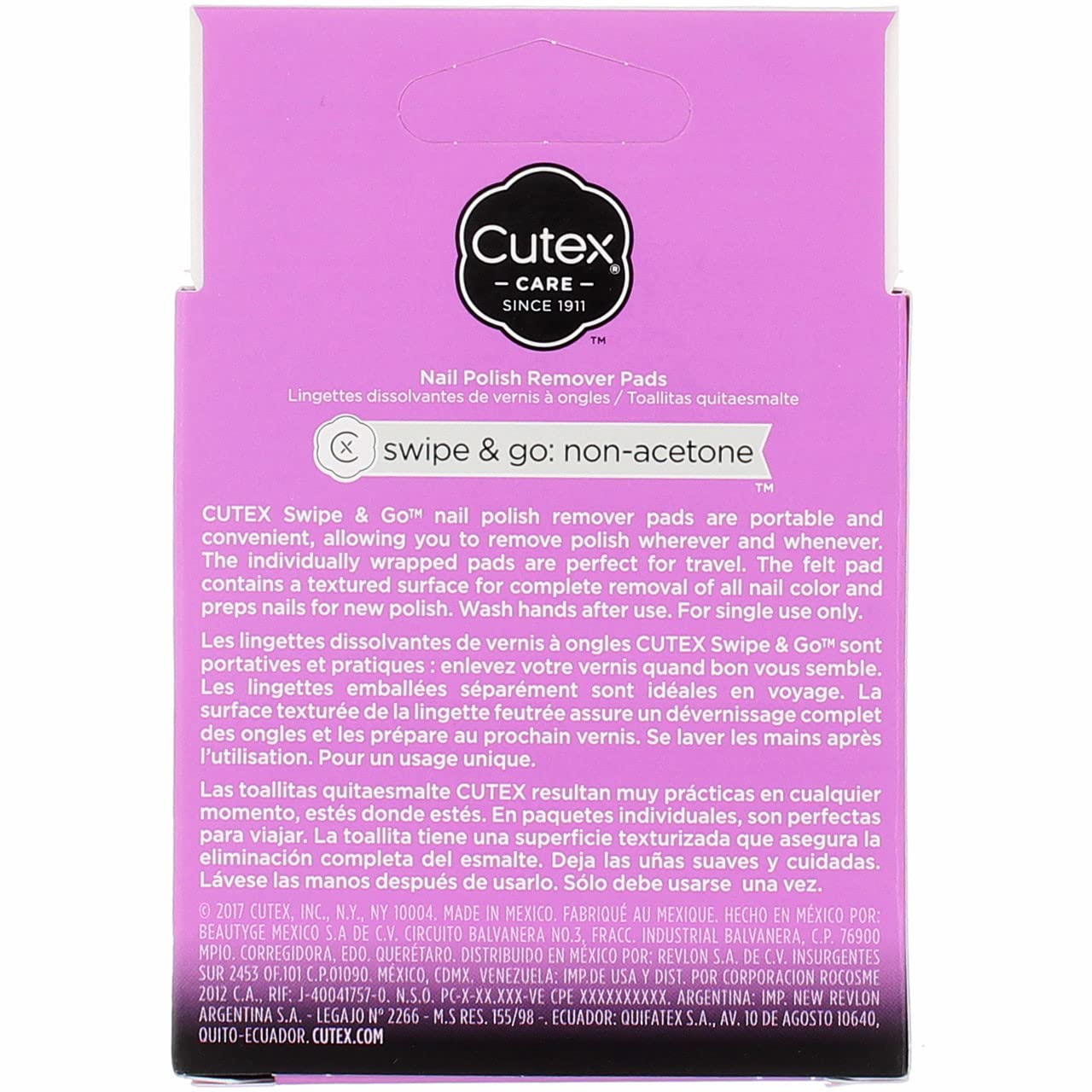 Cutex travel friendly nail polish remover wipes box packaging showing coconut oil infusion details