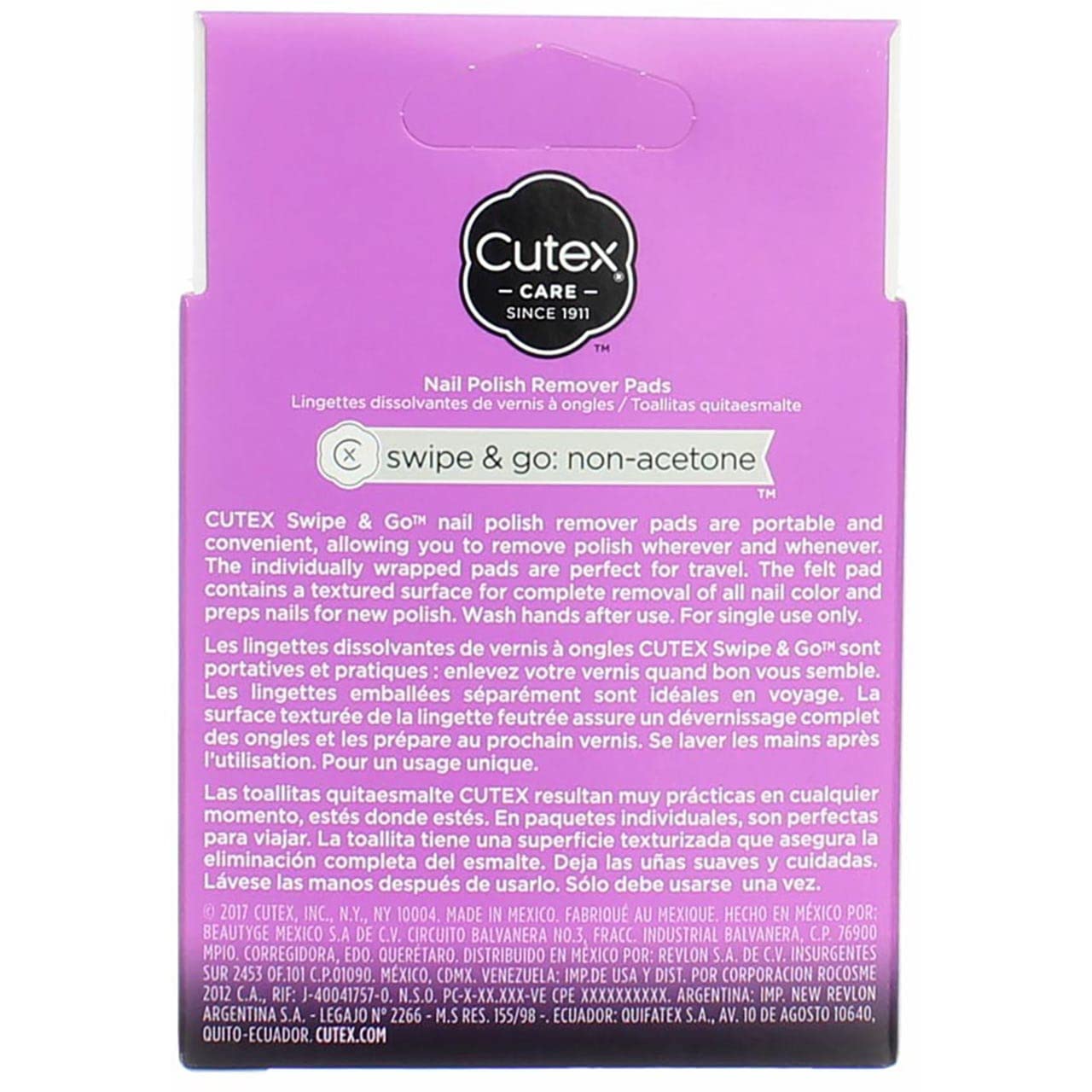 USA imported Cutex non drying nail polish remover single pad application close up view