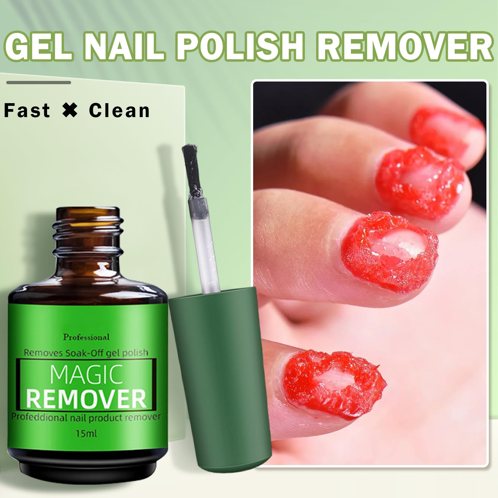 Three green bottles of professional gel nail polish remover arranged on a clean vanity.