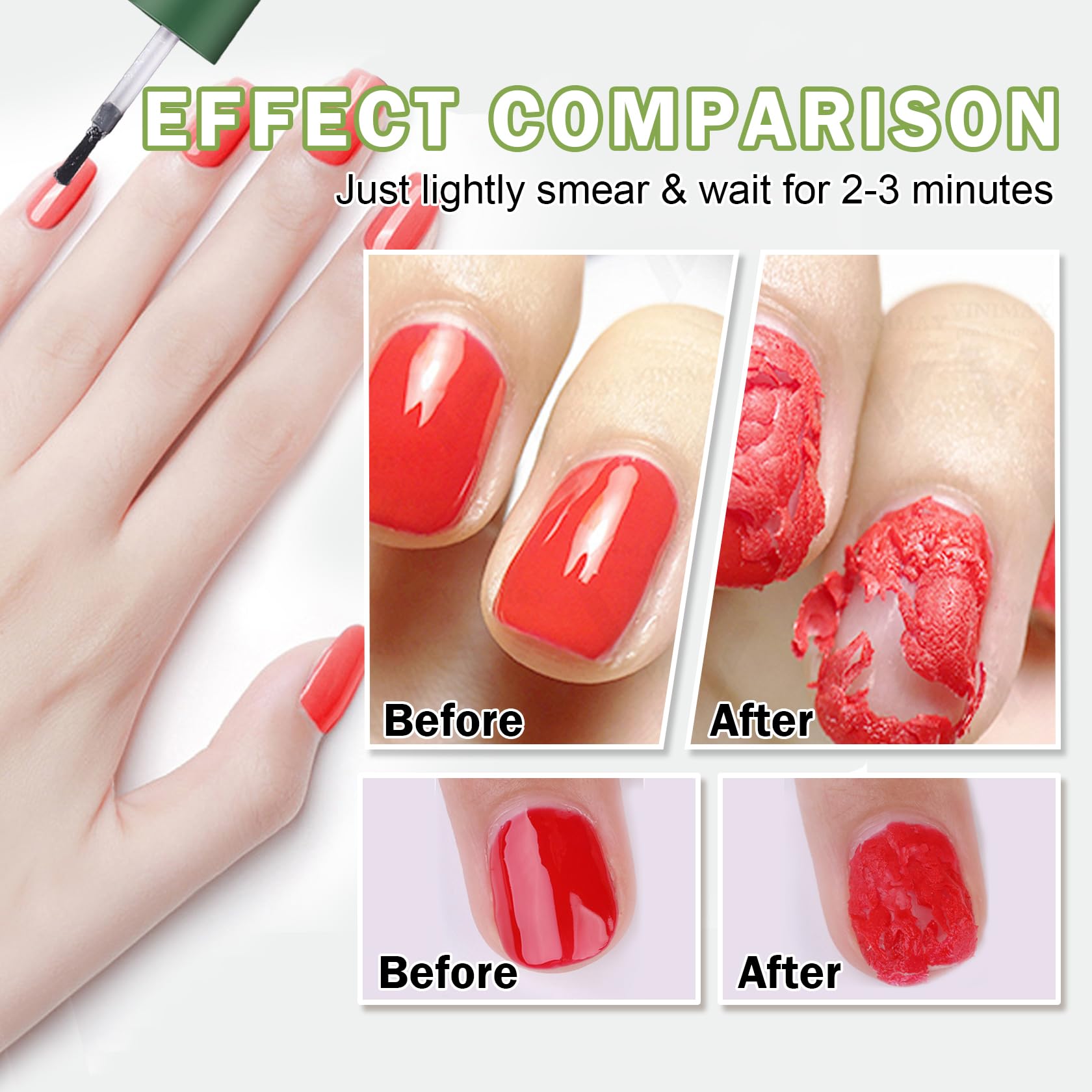 Demonstration of magic gel remover cracking and lifting polish off the nail surface.