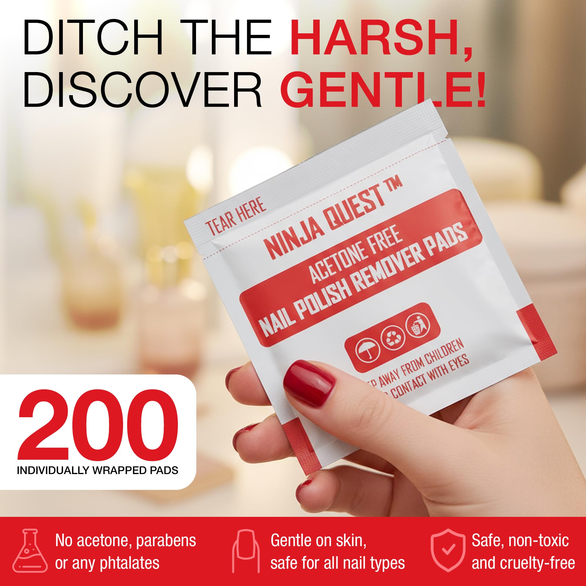 Individually wrapped travel size nail polish remover wipes spread out