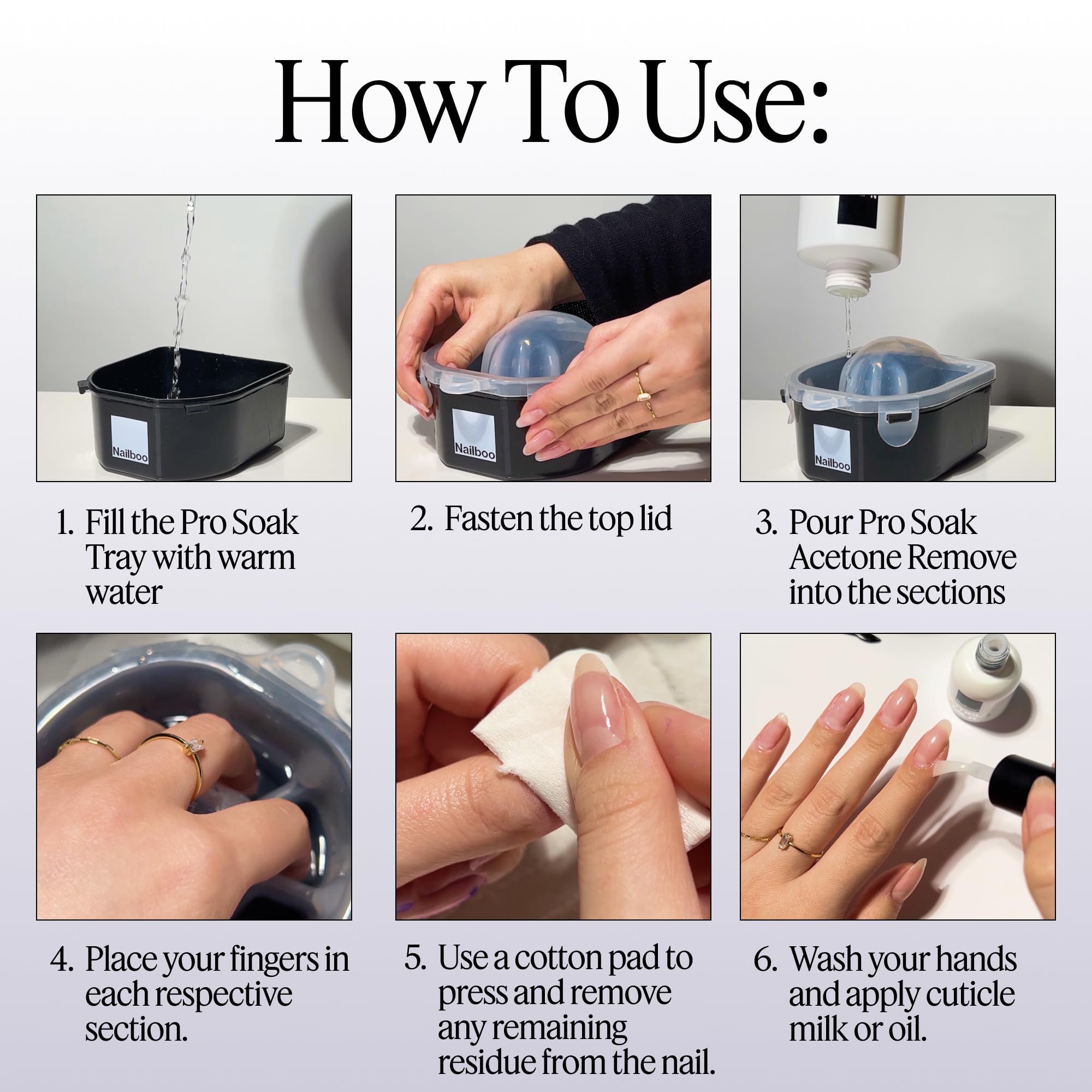 Ergonomic white nail soaking bowl included in the Nailboo manicure removal kit