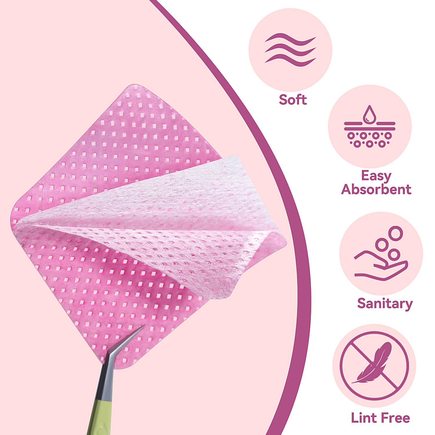 Close up of the 540 count pink lint free wipes for professional manicure cleaning.