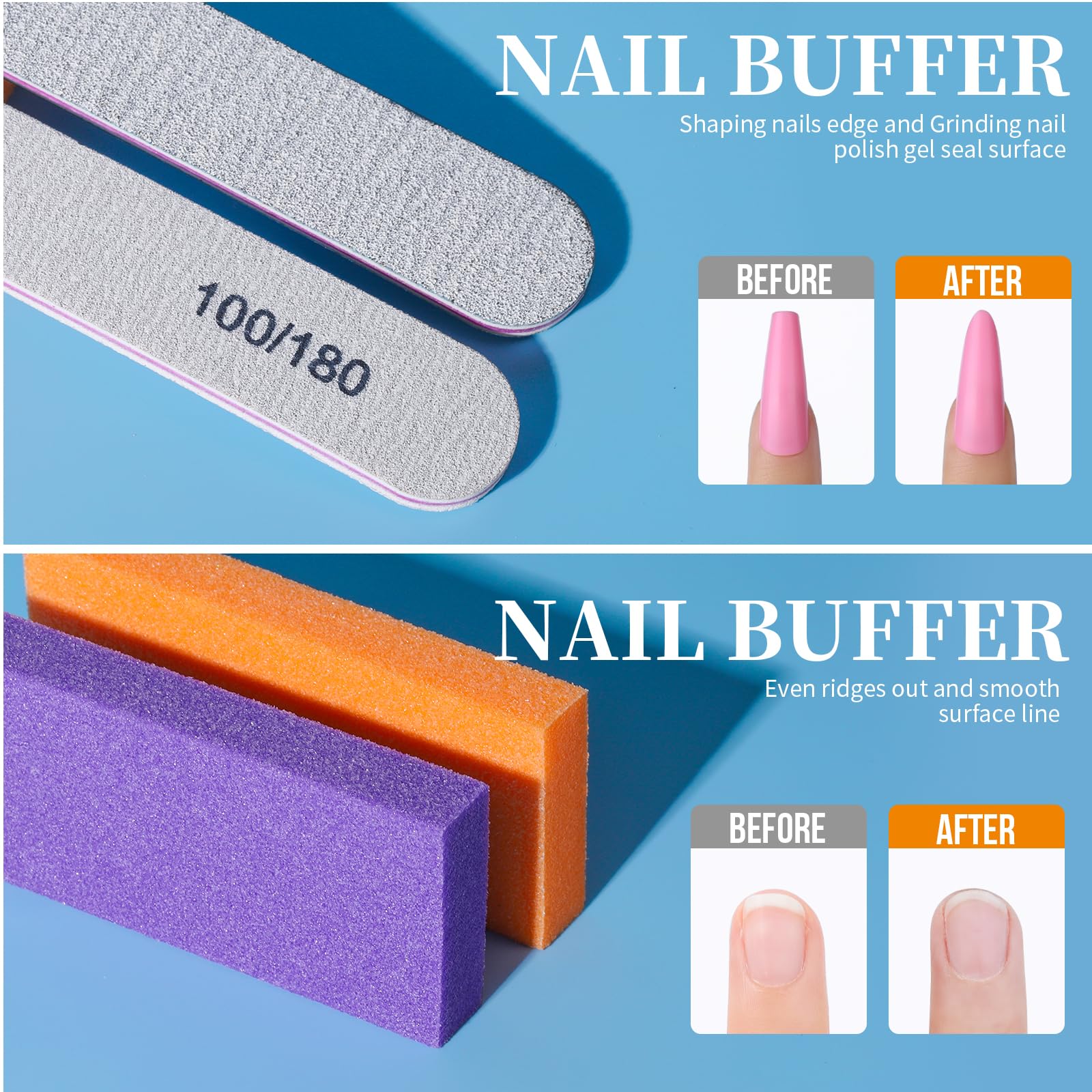 Milk and honey cuticle oil dropper bottle next to dual sided nail sanding files and buffers