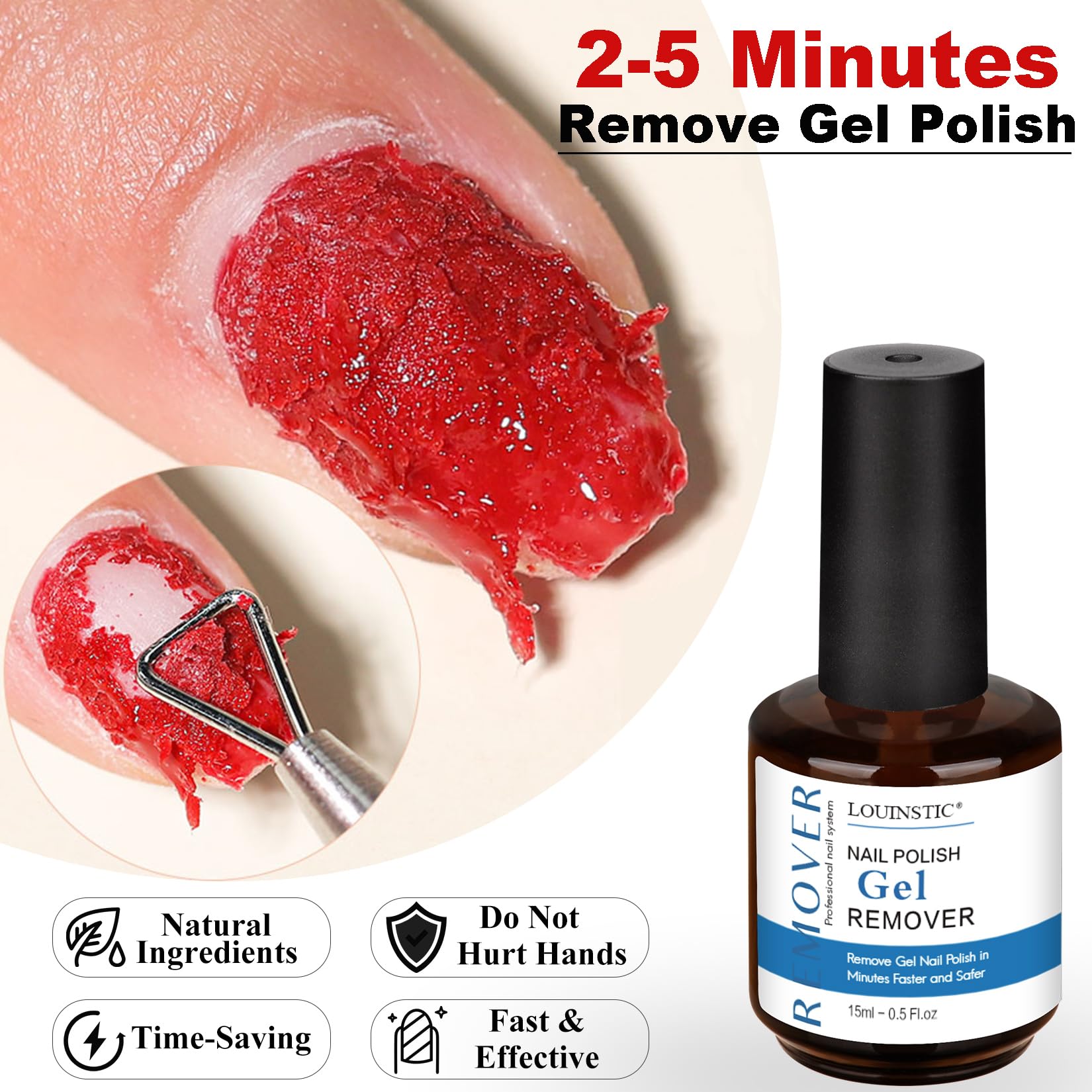 Louinstic professional gel remover being applied to a buffed gel nail with liquid latex tape protecting the cuticle skin.