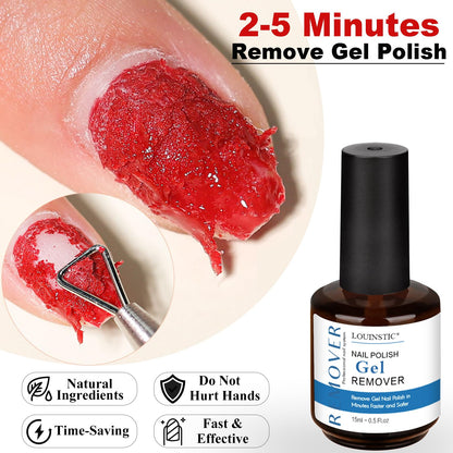 Louinstic professional gel remover being applied to a buffed gel nail with liquid latex tape protecting the cuticle skin.