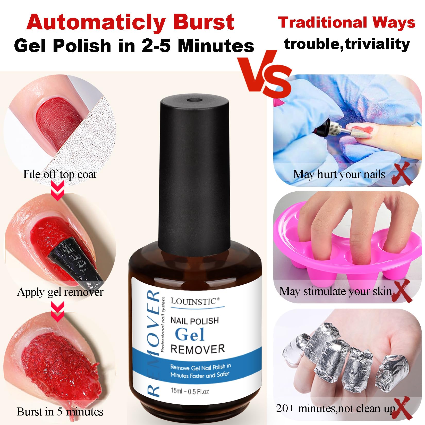 Before and after comparison showing gel nail polish bubbling up after three minutes of applying the Louinstic remover.