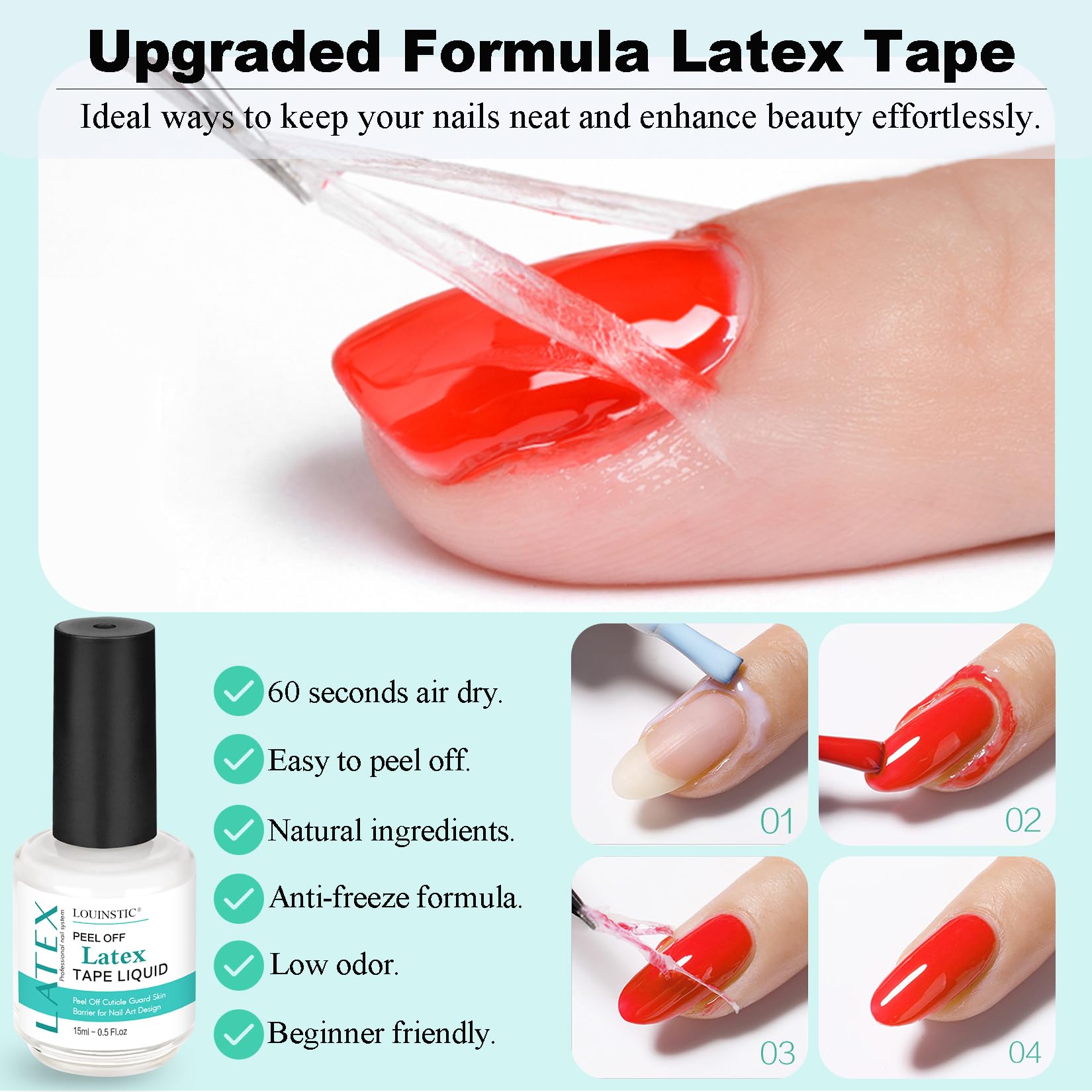 The complete components of the Louinstic gel nail polish kit including the remover, latex barrier, scraper, and cuticle oil pen.