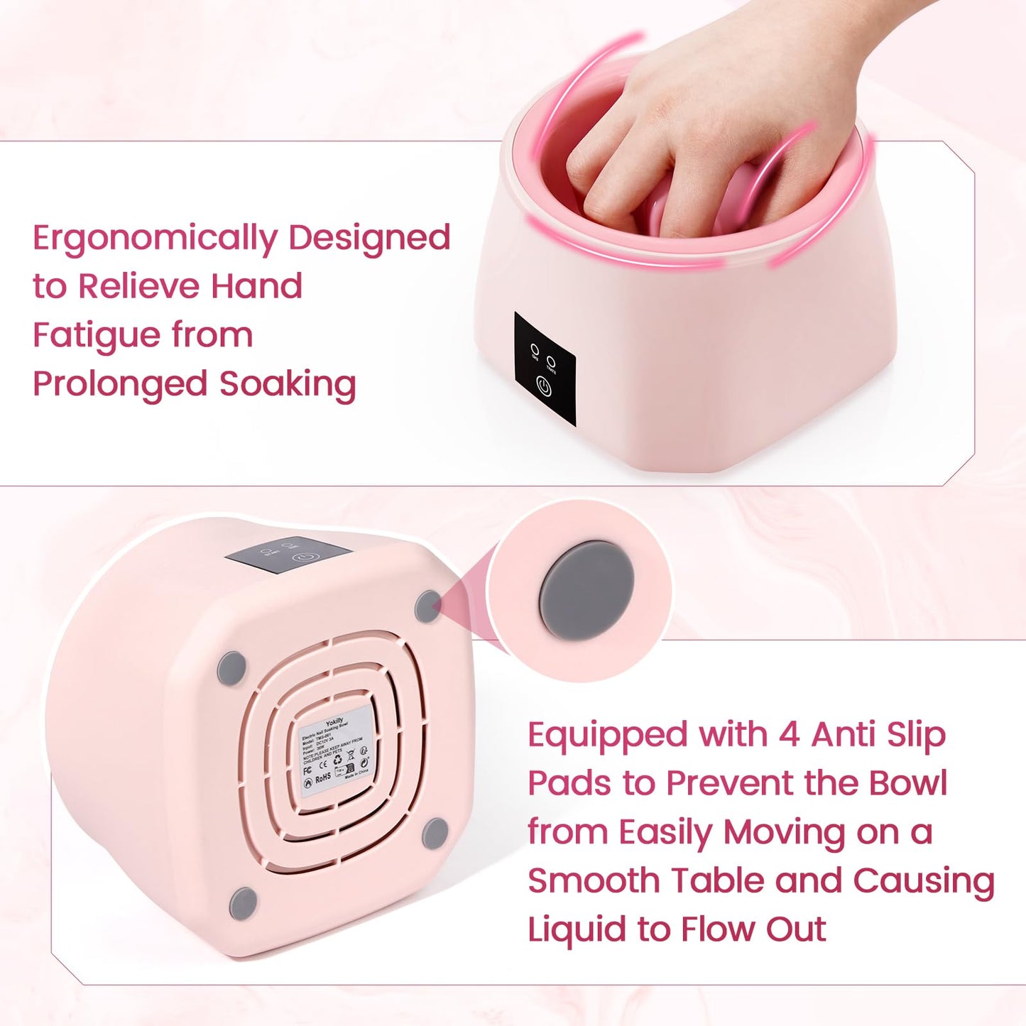 Close up of fingers relaxing inside the pink heated acetone nail soaking tray for fast gel dissolution