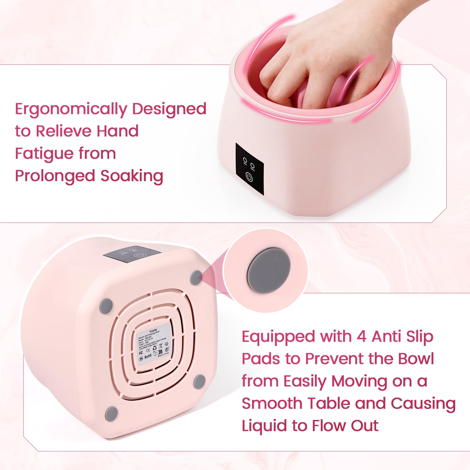 Close up of fingers relaxing inside the pink heated acetone nail soaking tray for fast gel dissolution
