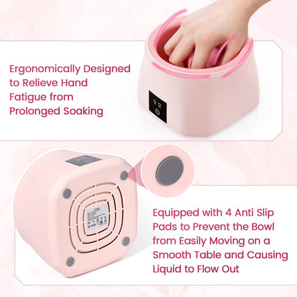 Close up of fingers relaxing inside the pink heated acetone nail soaking tray for fast gel dissolution