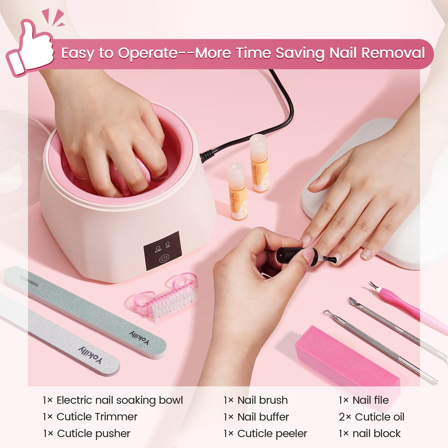 Yokilly electronic nail soaking station packaging showing technical specifications for home salon use
