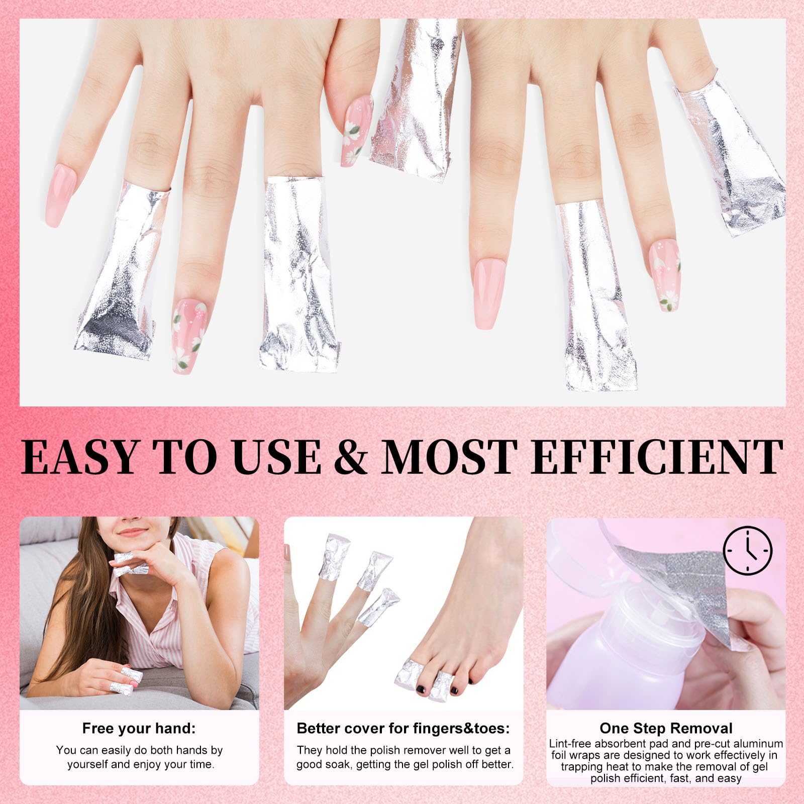 Step by step visual guide showing how to apply acetone to the cotton pad and wrap the nail.