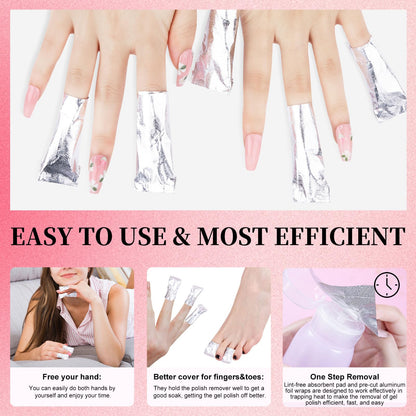 Step by step visual guide showing how to apply acetone to the cotton pad and wrap the nail.