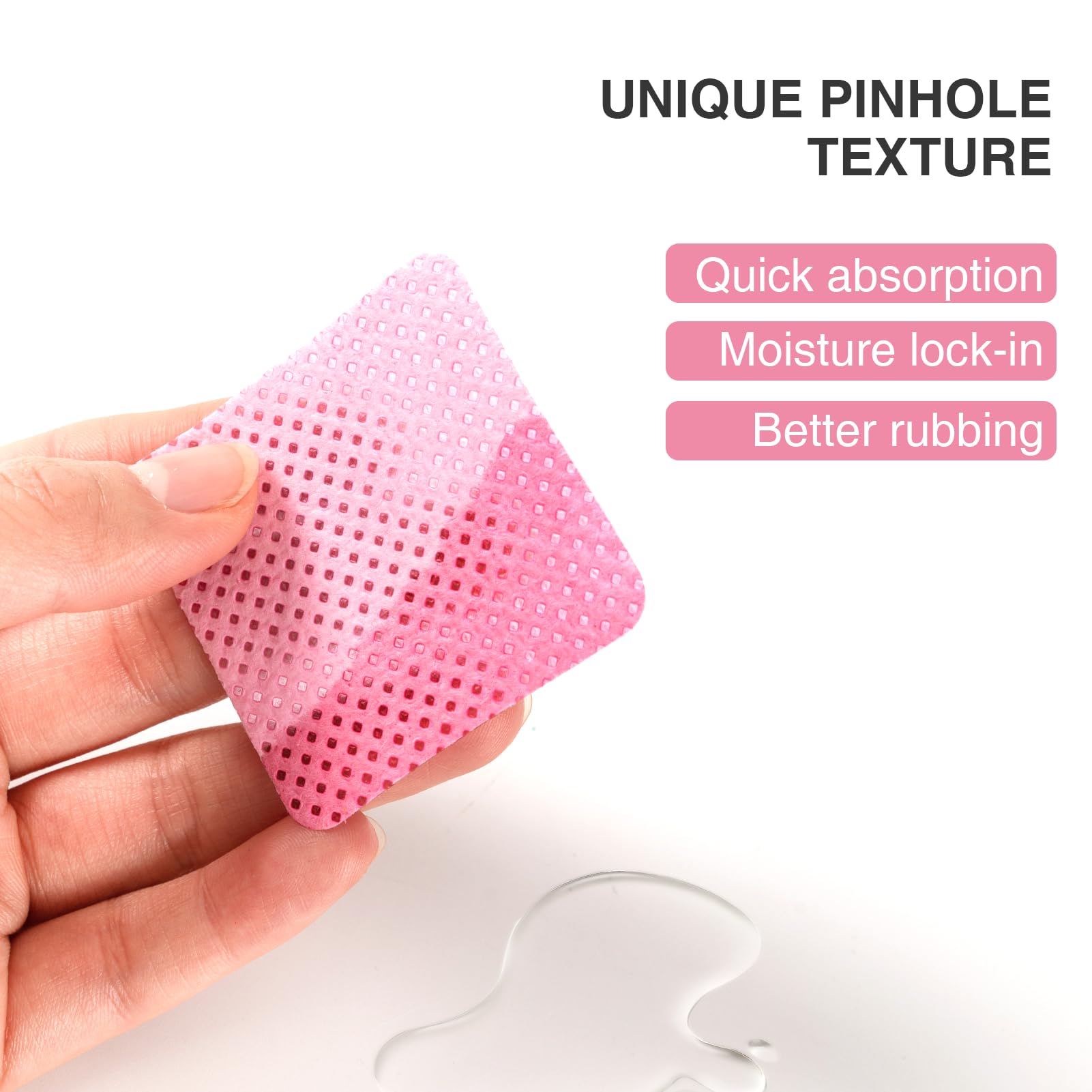 Close up view of pink non woven lint free nail polish remover pads
