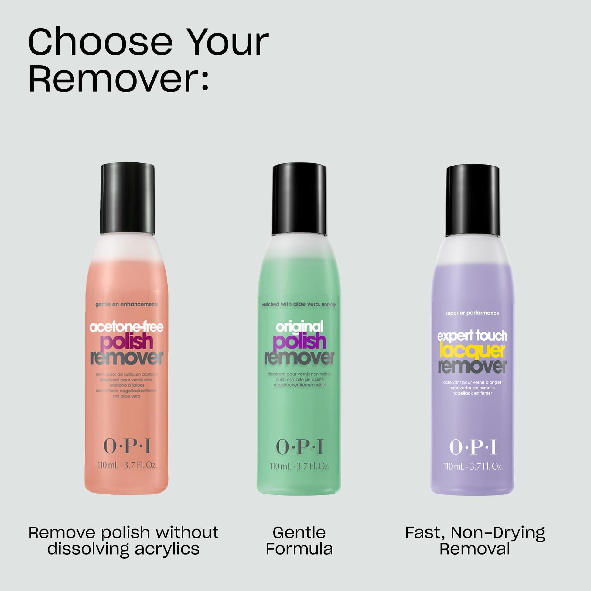Authentic OPI lacquer remover fluid ounce packaging side view.