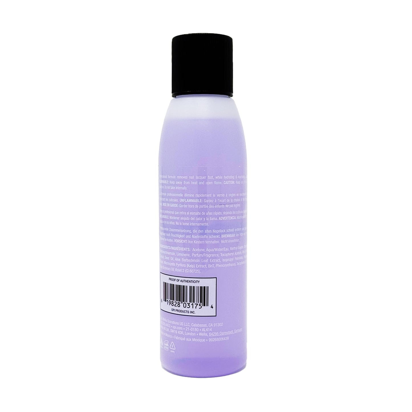 OPI premium non drying nail lacquer remover bottle standing upright.