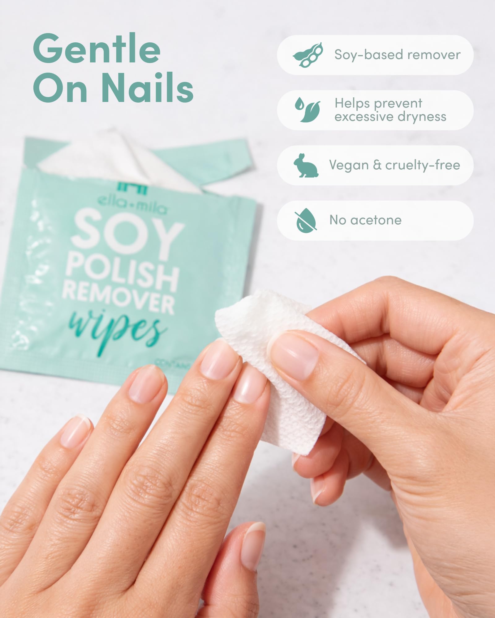 Close up of PETA certified cruelty free soy based nail cleansing wipe texture