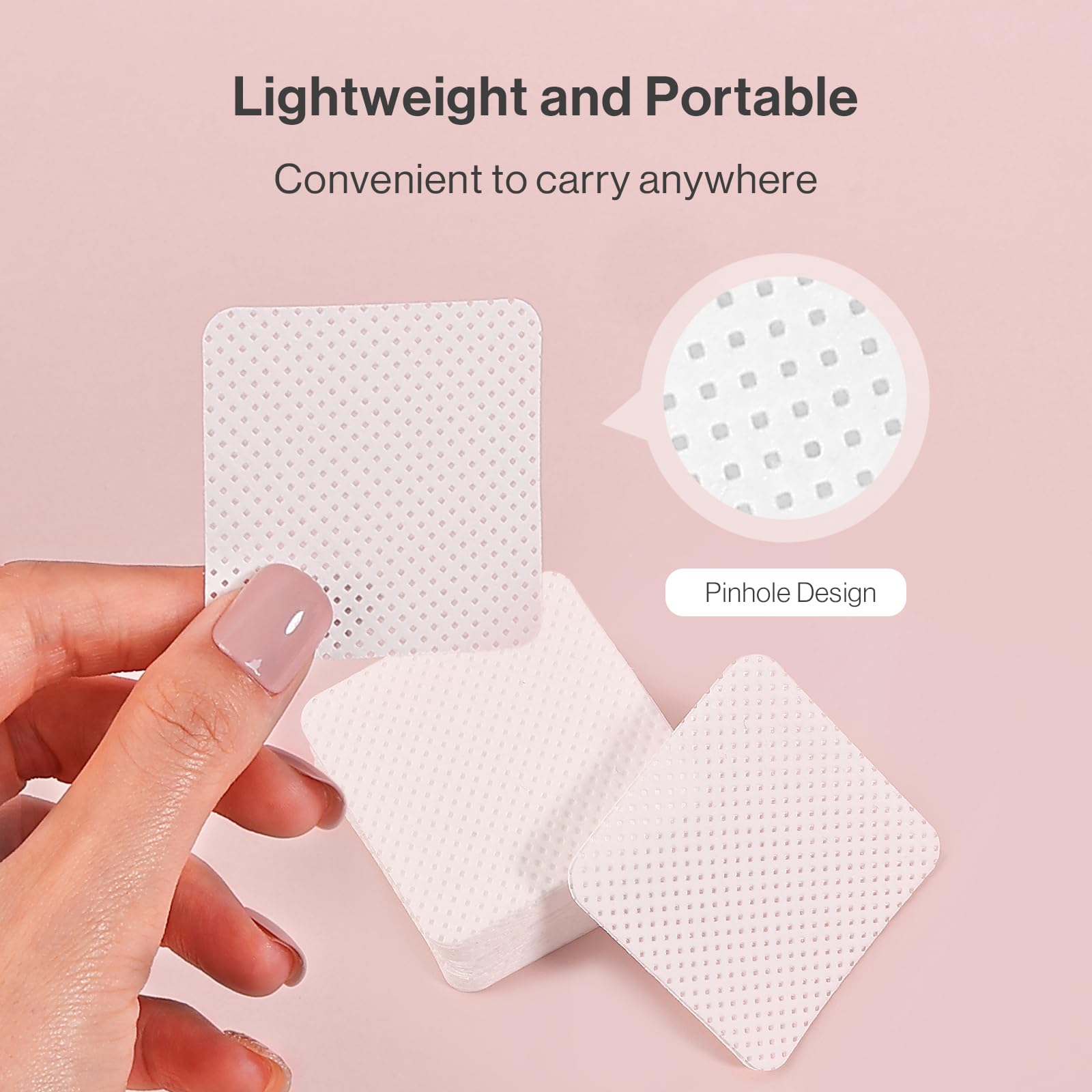 Side angle view of the compact storage box showing the white lint free manicure cleaning cloths.