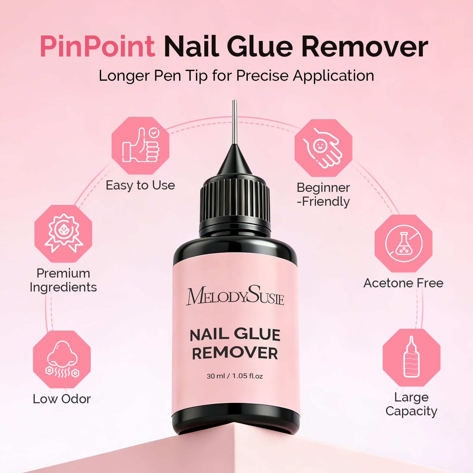 Back view of MelodySusie nail glue remover packaging showing usage instructions