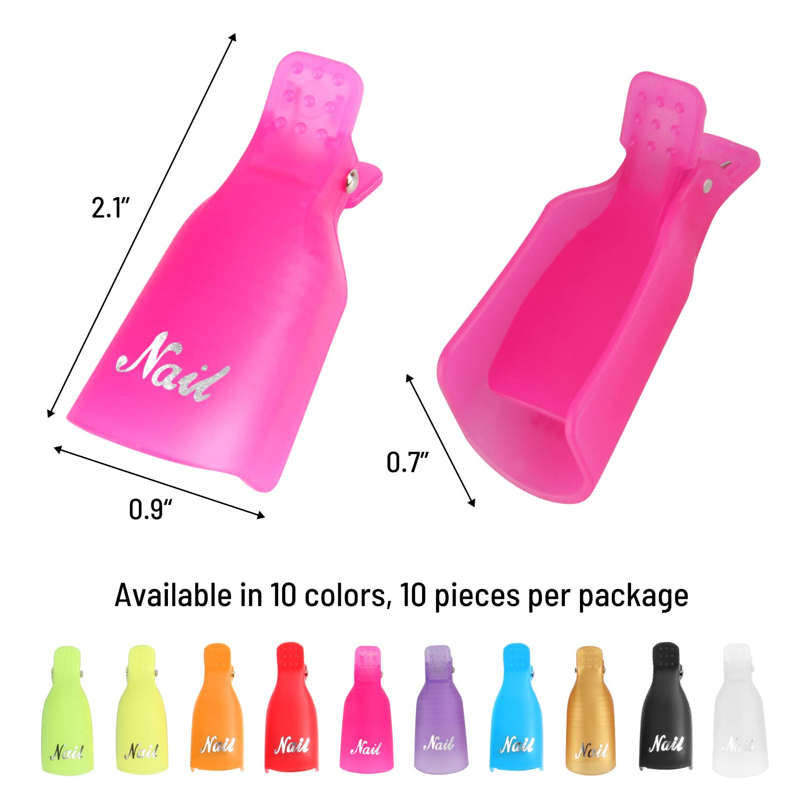 Pink plastic gel nail polish remover clips applied securely onto fingertips demonstrating anti-slip home use.