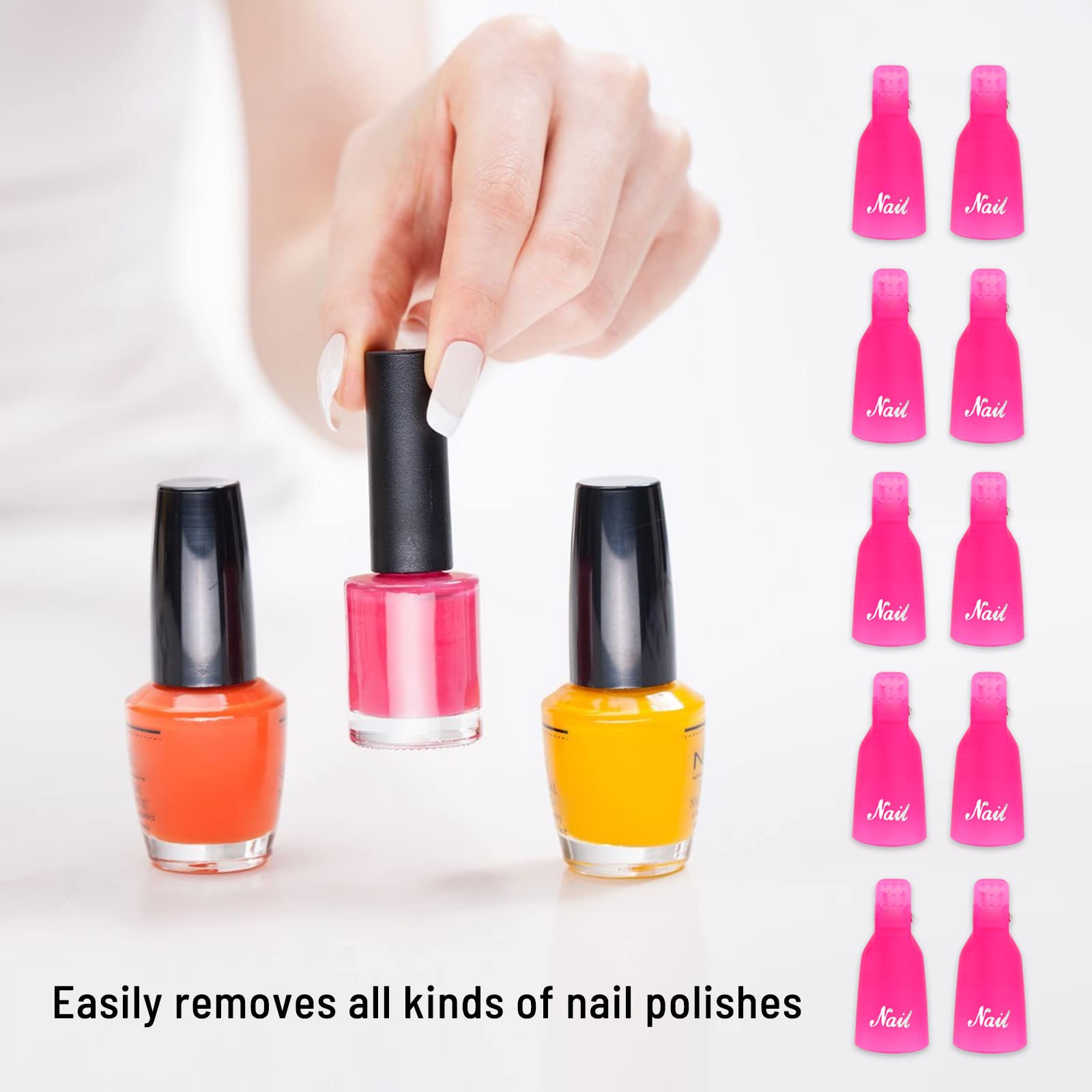 Ten pieces of pink acrylic nail remover caps arranged neatly to display their slim and compact storage profile.
