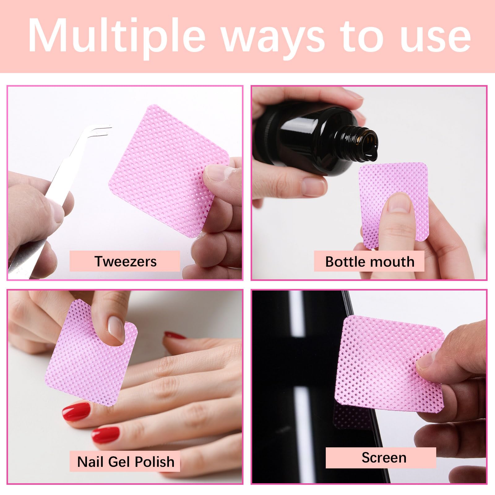 Side angle view of square shaped pink no lint pads for lash artists and salons