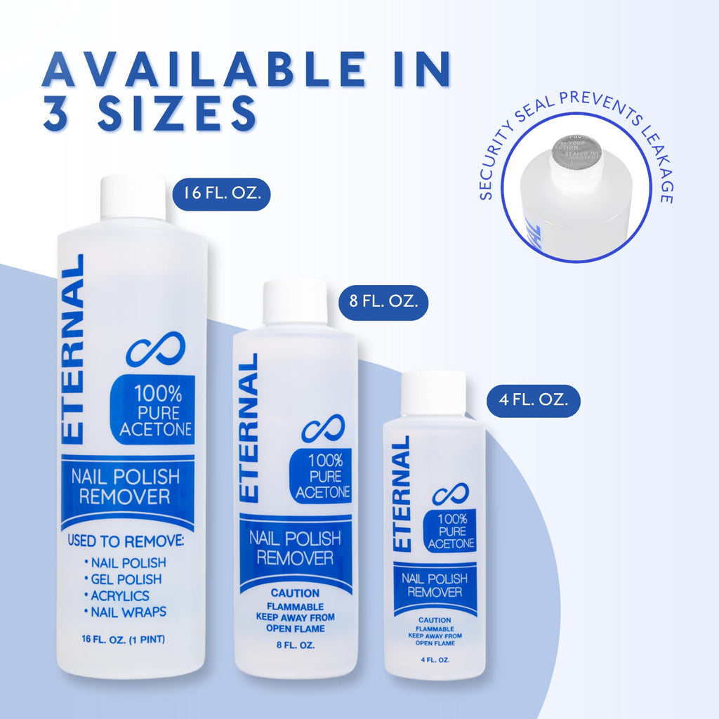 Packaging and 8 fluid ounce bottle of Eternal acetone remover