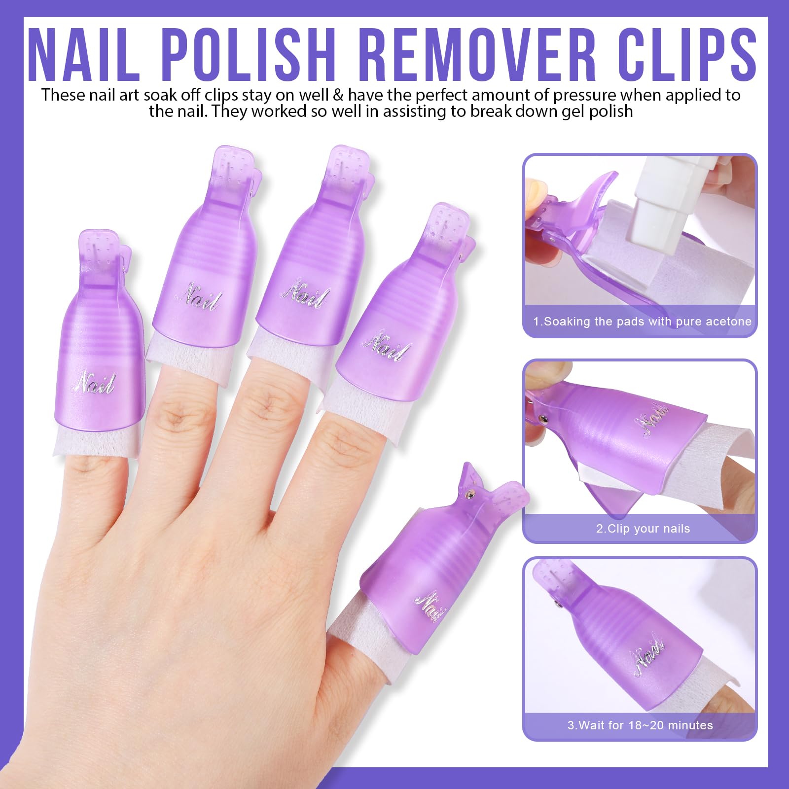 Close-up view of the ten purple plastic soak-off clips included in the Teenitor gel removal kit.
