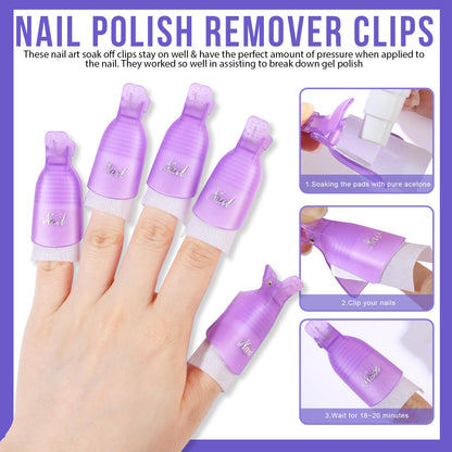 Close-up view of the ten purple plastic soak-off clips included in the Teenitor gel removal kit.