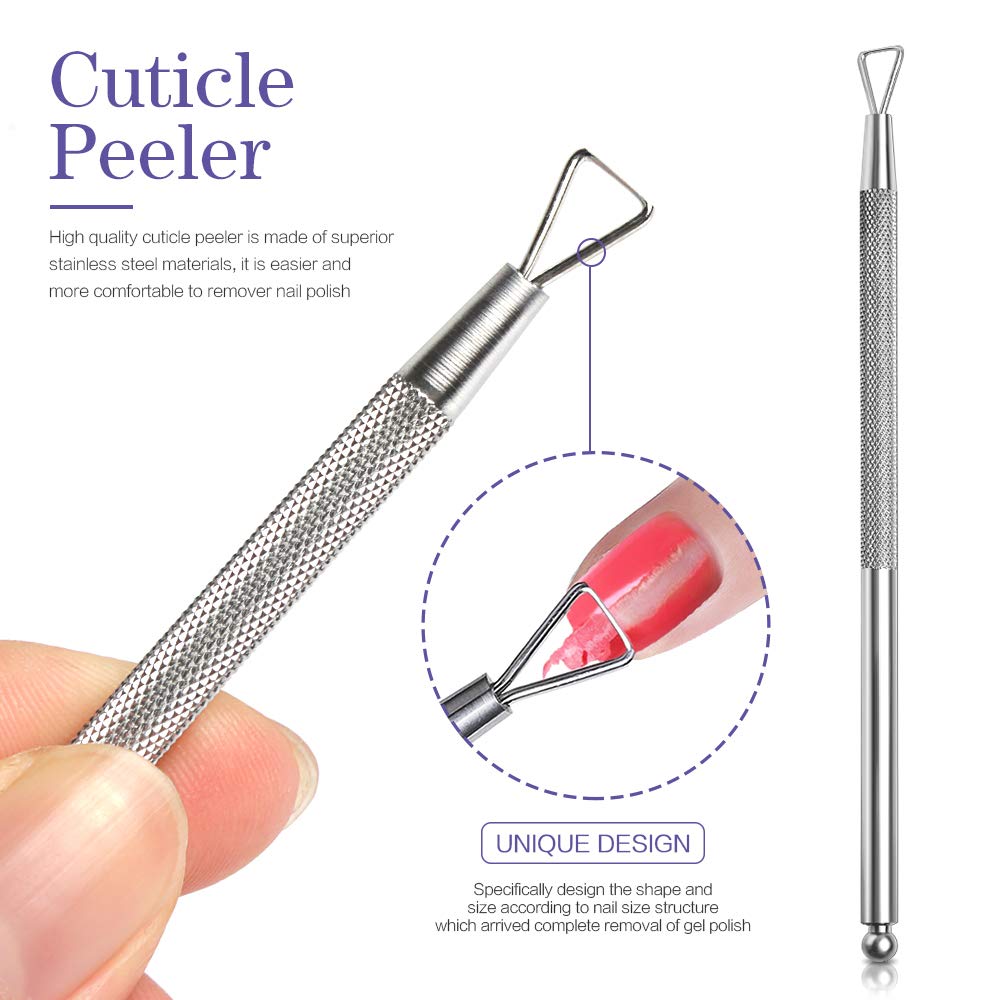 Stainless steel dual-ended cuticle pusher scraper tool used for removing softened gel residue.