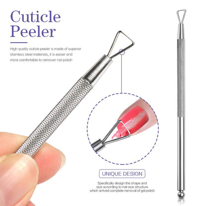 Stainless steel dual-ended cuticle pusher scraper tool used for removing softened gel residue.