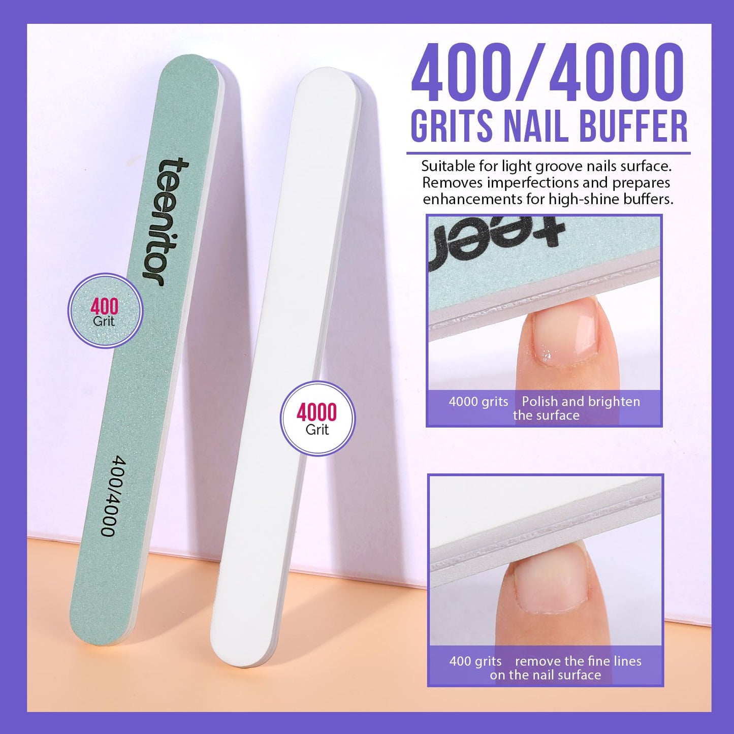 Nail cleaning brush with purple handle removing dust during a DIY home manicure process.