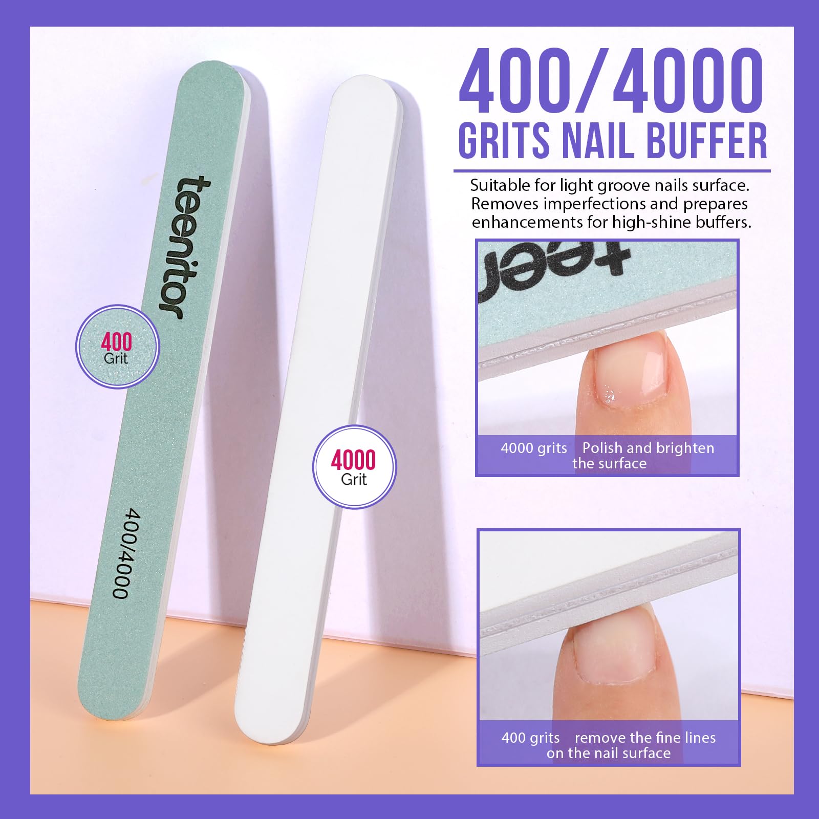 Nail cleaning brush with purple handle removing dust during a DIY home manicure process.
