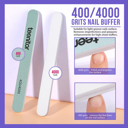 Nail cleaning brush with purple handle removing dust during a DIY home manicure process.