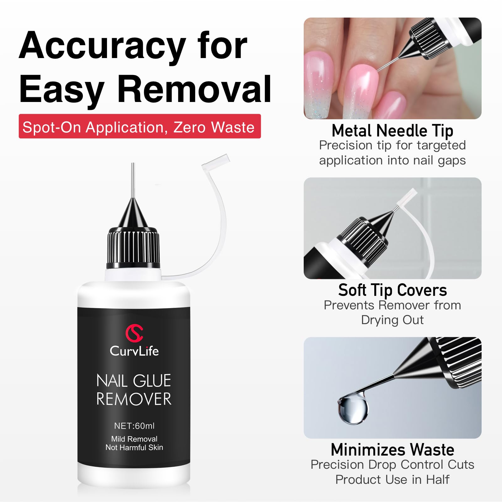 Back of Curvlife 60ml nail glue remover bottle with instructions
