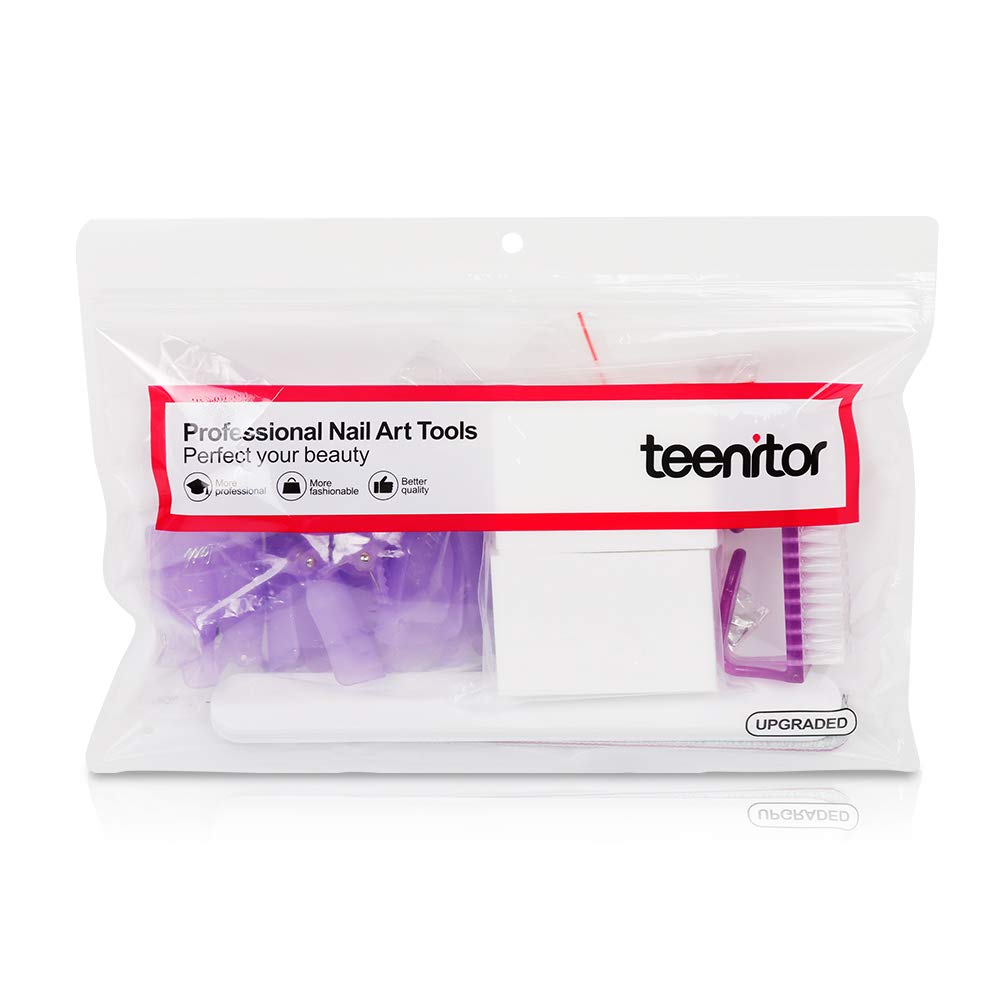 Full packaging arrangement of the Teenitor 6 pack purple gel polish remover tools set.
