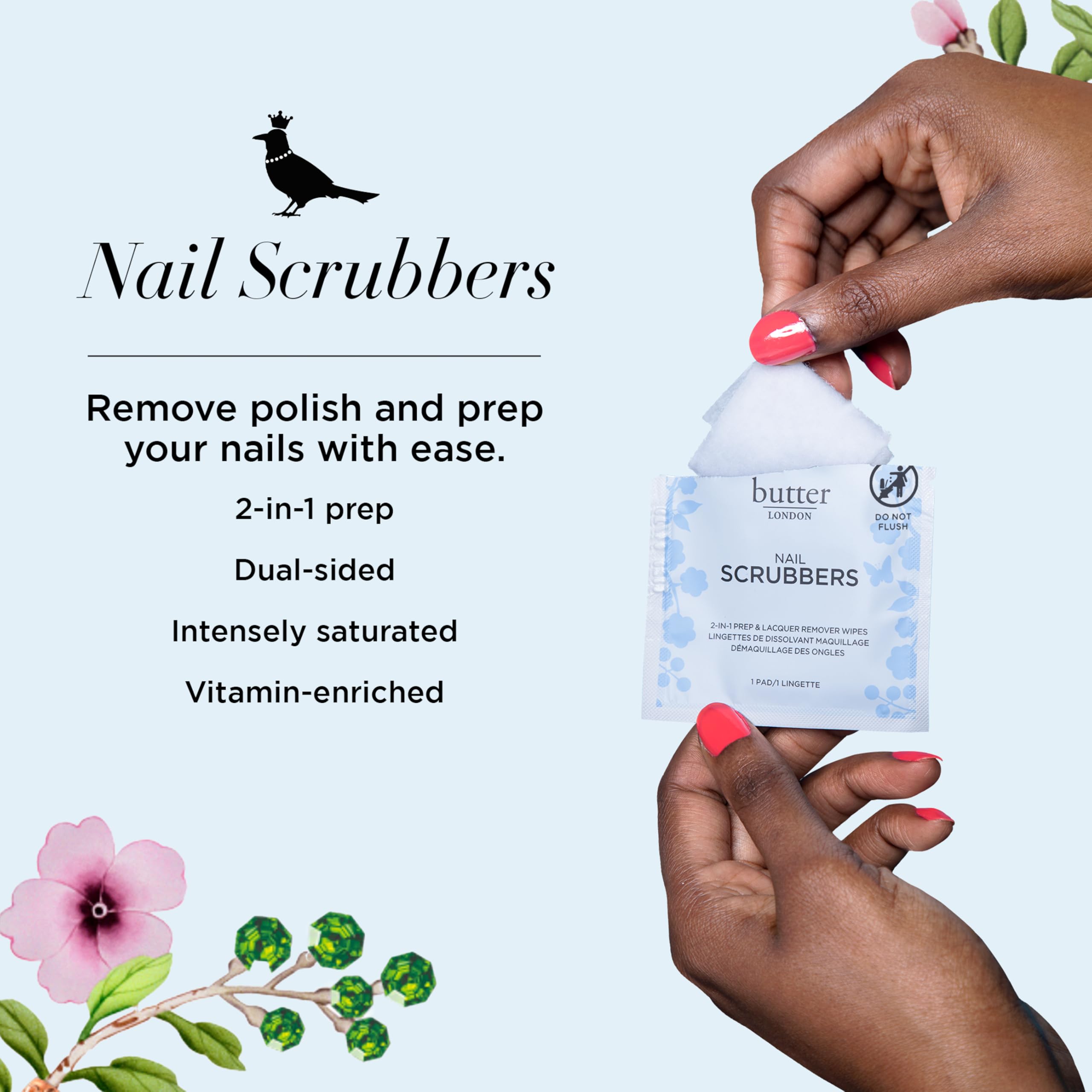 Butter London Nail Scrubbers travel friendly individual packets showing dual sided texture details.
