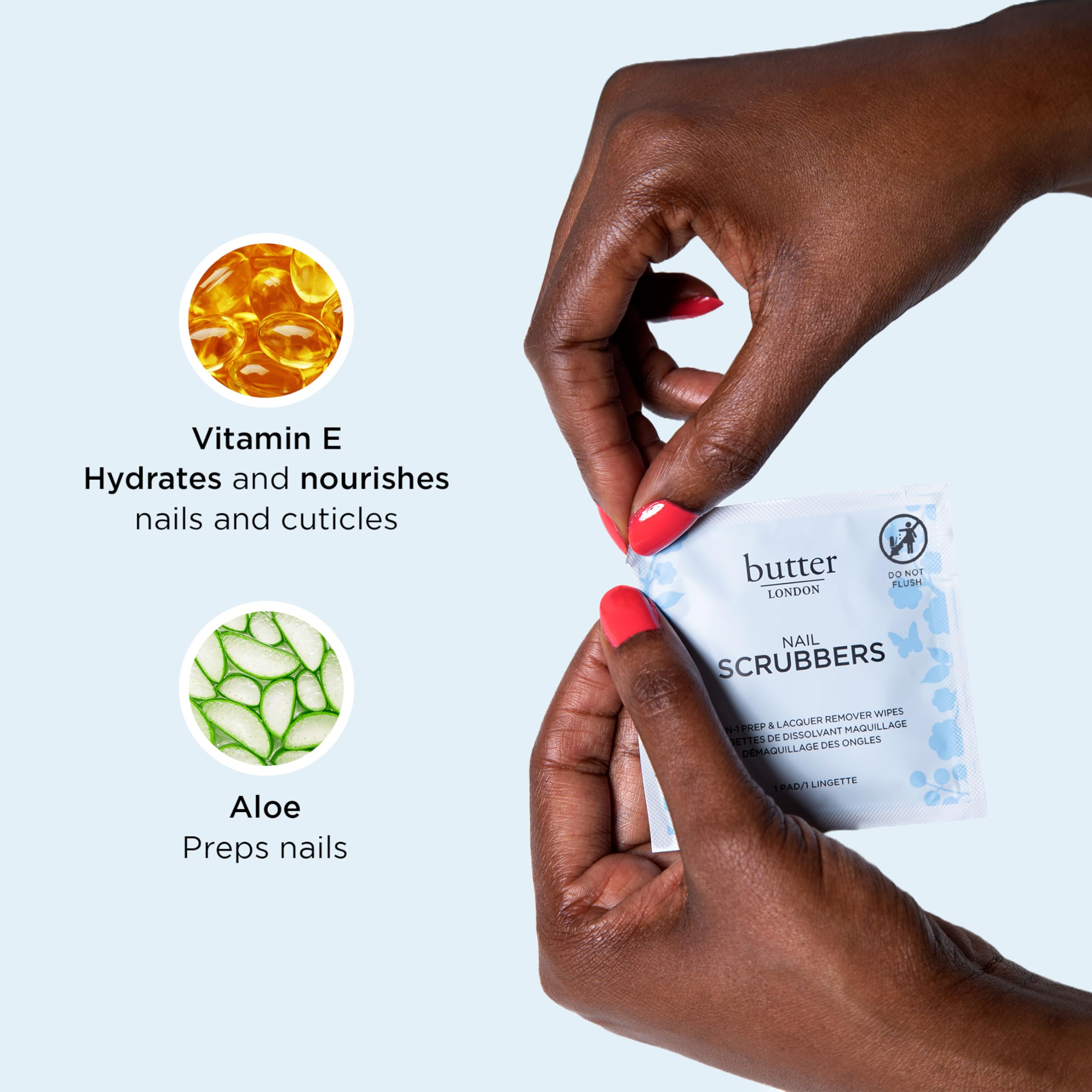 Pre soaked nail prep and lacquer remover wipes infused with conditioning vitamin E.