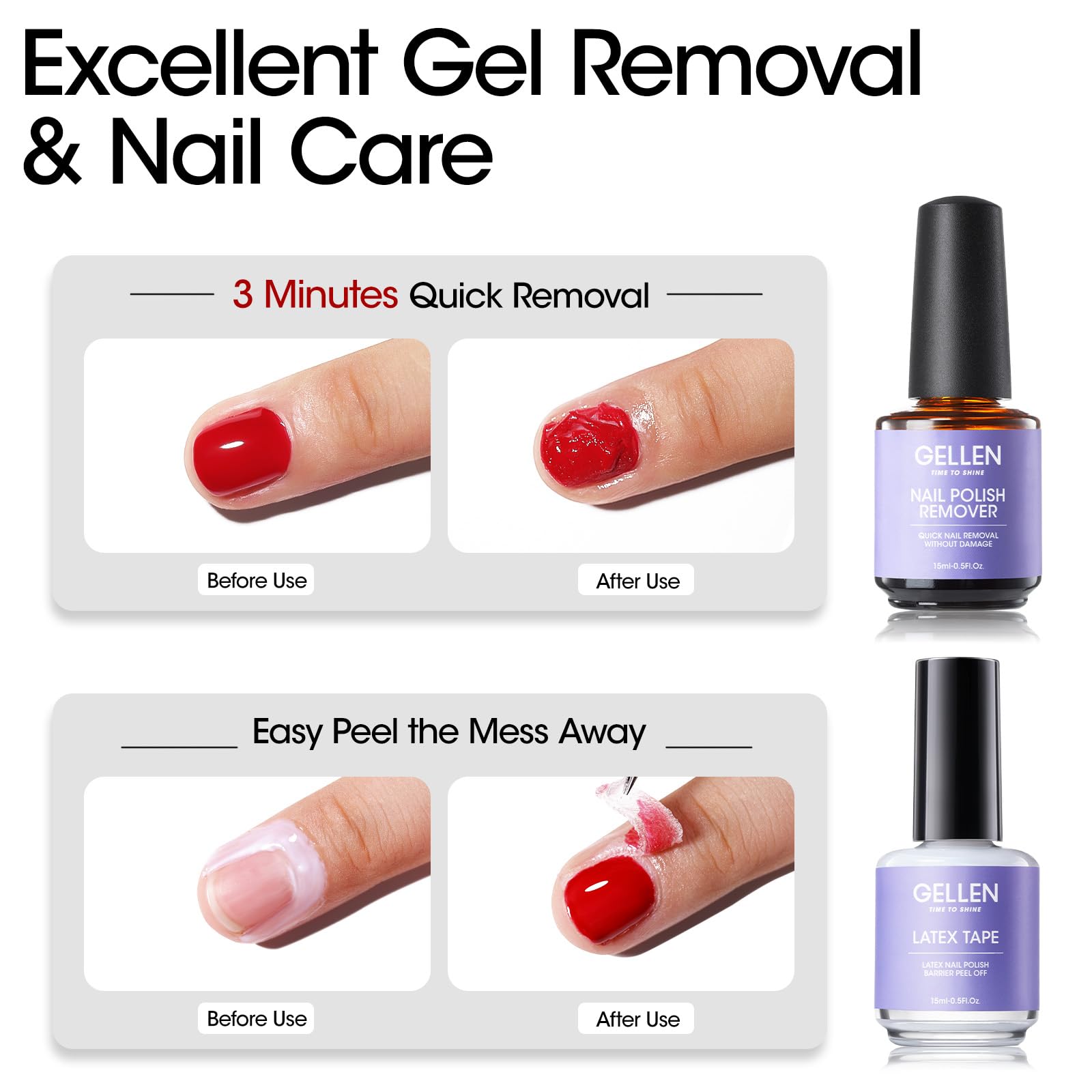 Gellen gel nail polish remover bottle with application brush close up