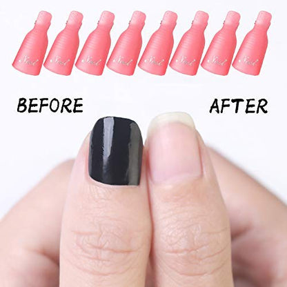 Ten pink UV gel polish remover wrap clips arranged neatly on a white surface